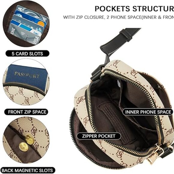 NWT! Bostanten Brown/Beige Cell Purse/Crossbody/Shoulder Bag with Adjust. Strap - Picture 4 of 13